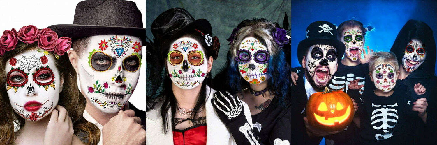 Day Of The Dead Face Tattoos, 12 Sheets Halloween Sugar Skull Temporary...