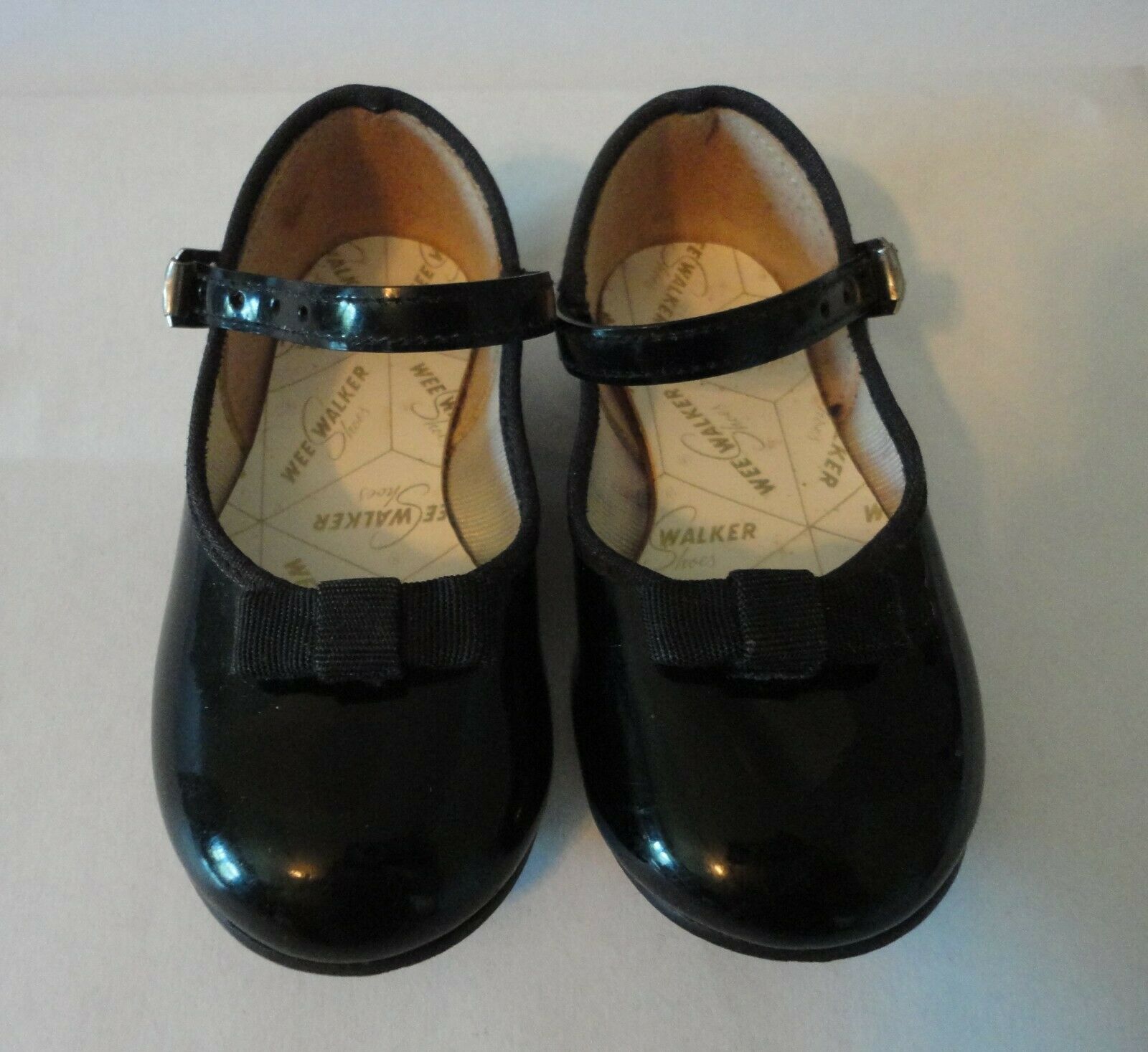 Vintage Wee Walker Baby Shoes Black Shiny Leather Strap Bow No Size Inside Read