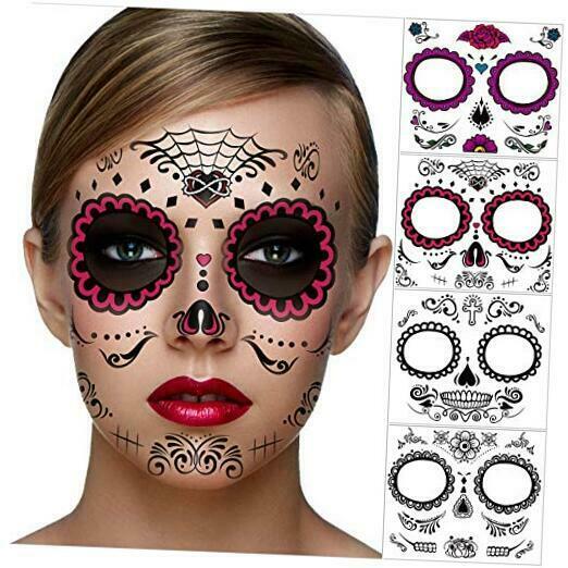 Day Of The Dead Sugar Skull Face Stickers 4pcs Halloween Temporary Full Face