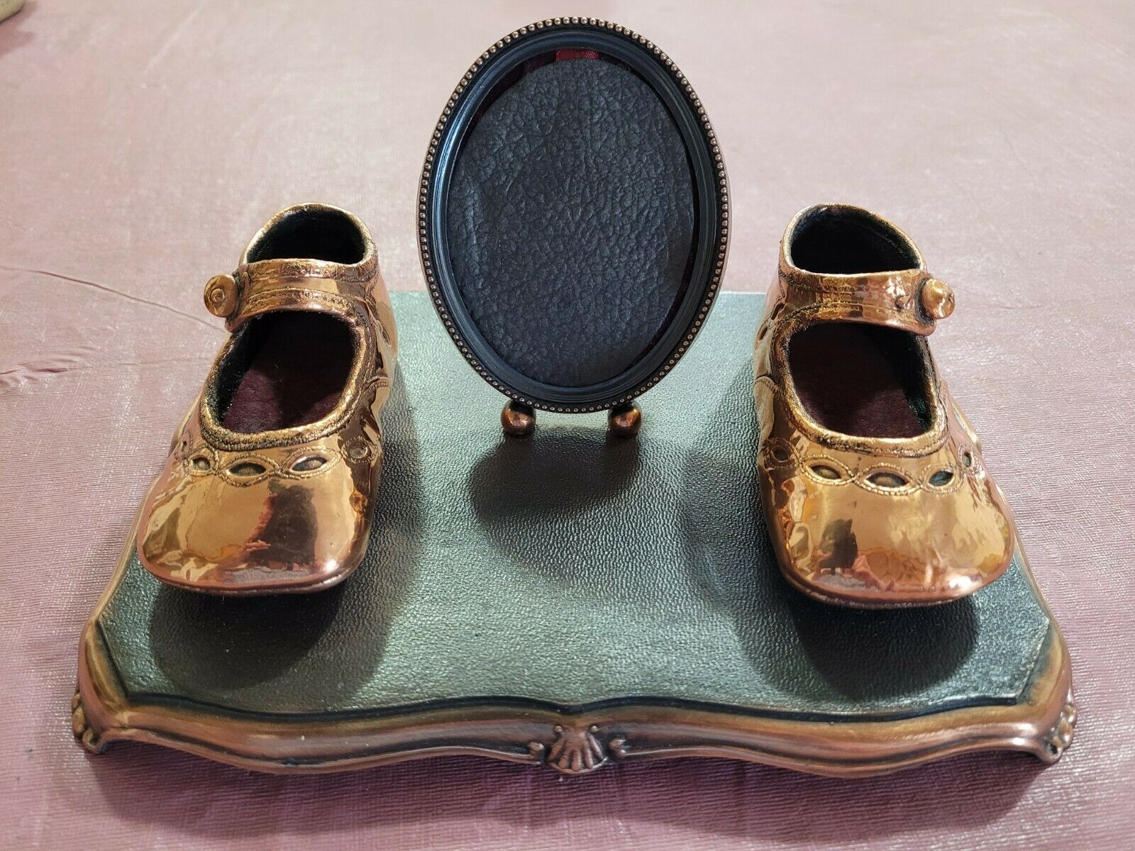 Antique Bronze Baby Shoes Mary Jane On Platform W/ Oval Picture Frame Vintage