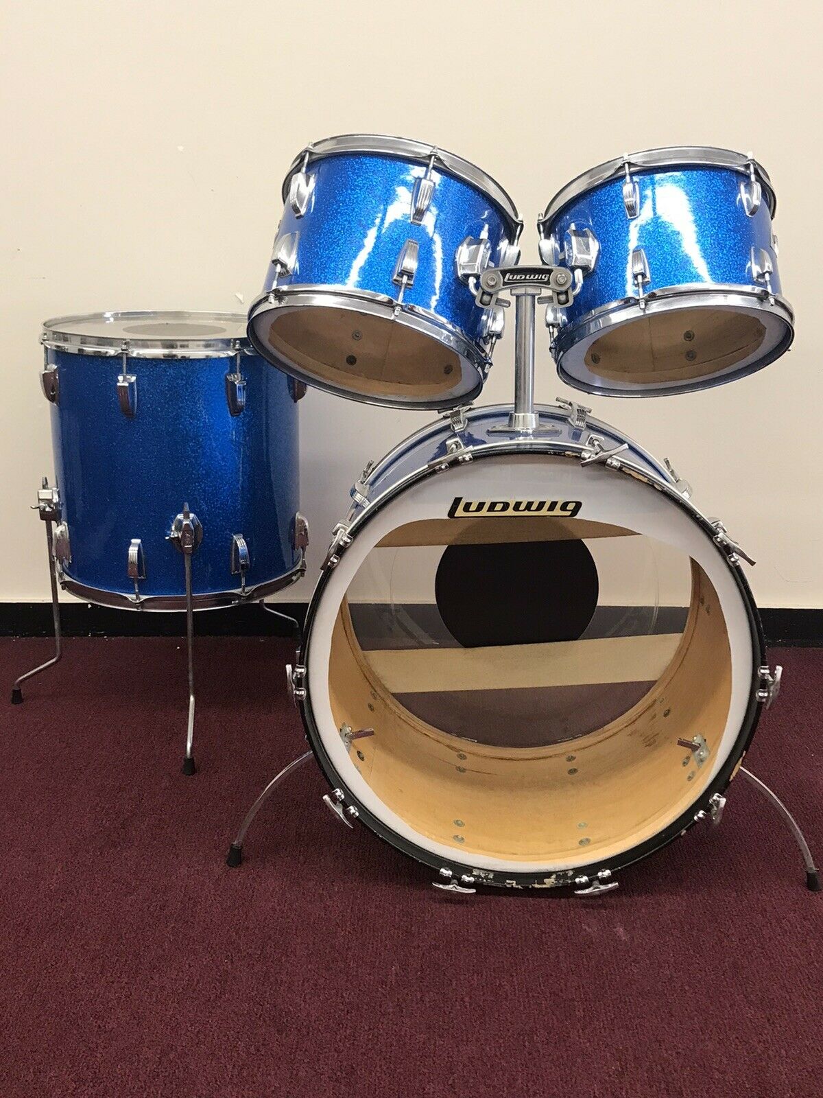 Vintage 1960's-70's Ludwig Blue Sparkle 4 Pc Shell Kit W Bags-blue Olive Badge