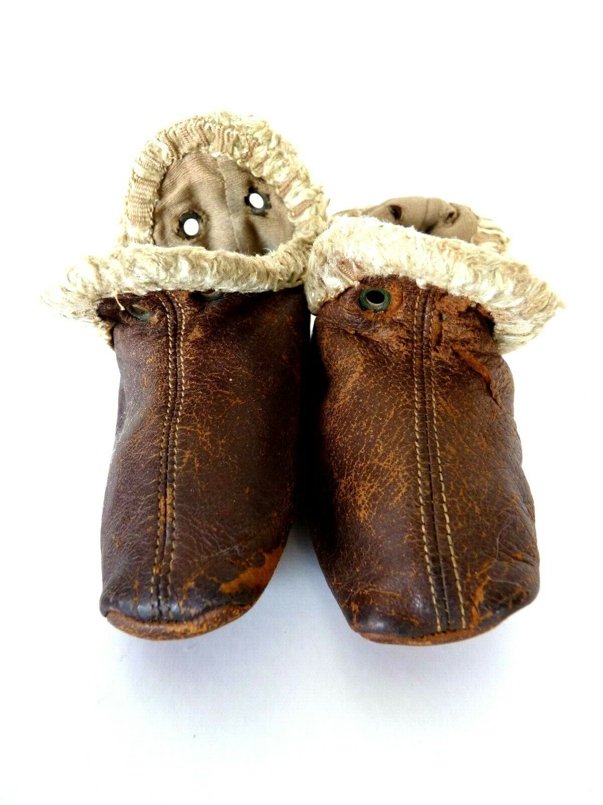 Antique Pair Edwardian Victorian Baby French German Doll Leather & Fleece Shoes