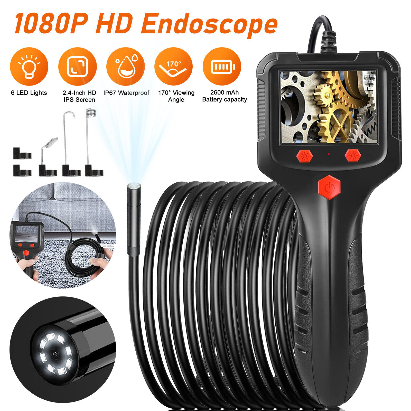 Led Hd Handheld Industrial Borescope Endoscope 2.4inch Inspection Snake Camera