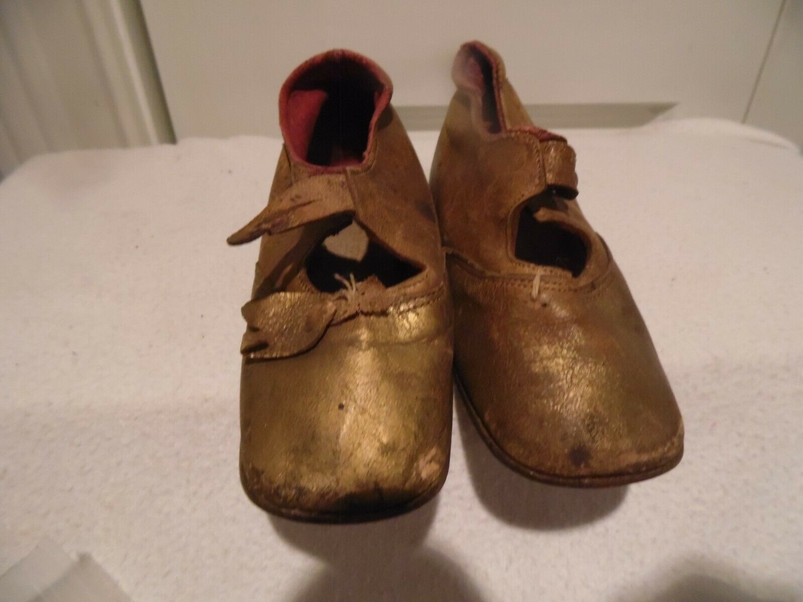 Antique Leather Child Shoe Gold With Pink Inside, Worn In  1800's