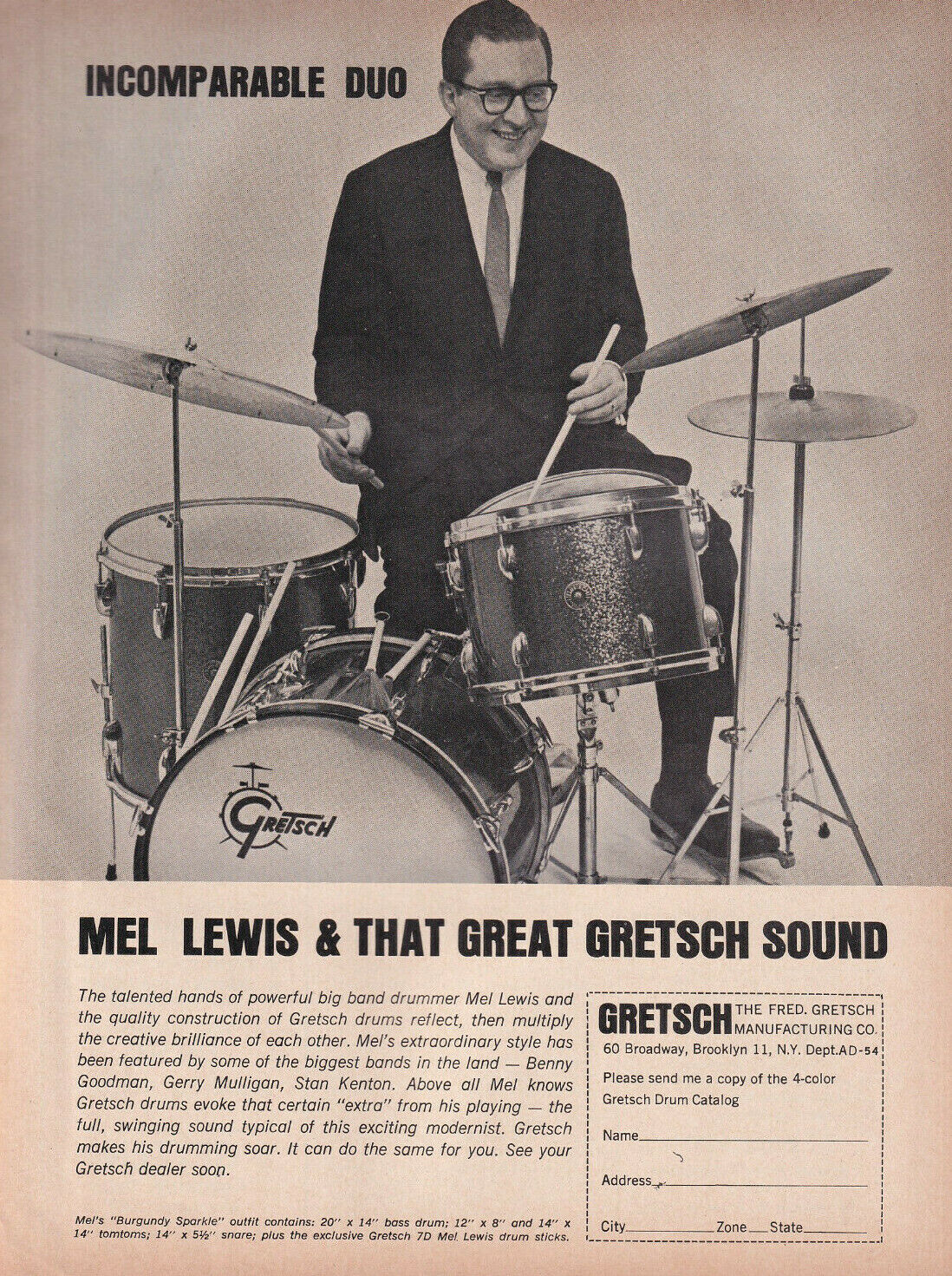 1965 Gretsch Drums Mel Lewis Vintage Full Page Ad